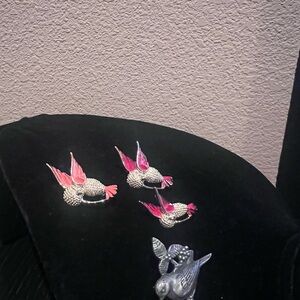 Pink and Silver Bird Brooch Set